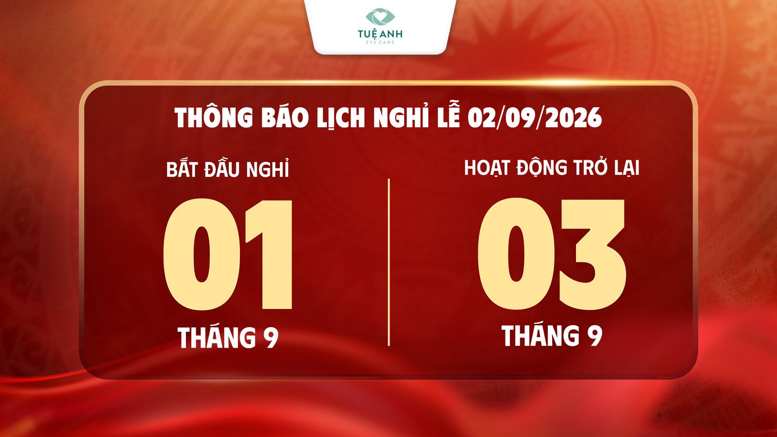 Thông báo lịch nghỉ lễ Quốc Khánh 2/9/2026 Phòng khám Mắt Tuệ Anh 